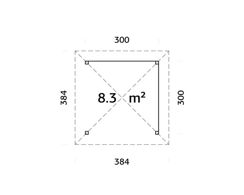 Grundriss mit Maßangaben: 300 x 384 cm, Fläche 8,3 Quadratmeter