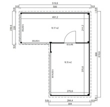 Grundriss eines Gartenhauses mit detaillierten Maßangaben.