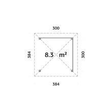 Plan avec des dimensions de 300 sur 384 centimètres et une surface de 8,3 mètres carrés