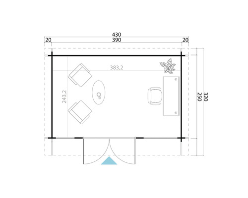 Grundriss eines Gartenhauses mit Möbeln und Abmessungen