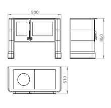 Technische Zeichnung eines Kaminofens mit Maßangaben: 900 mm Breite, 850 mm Höhe und 510 mm Tiefe.