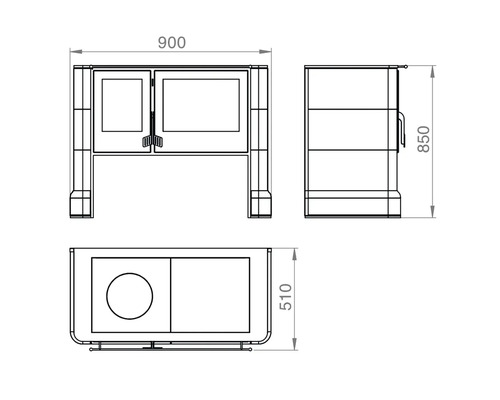 Technische Zeichnung eines Kaminofens mit Maßangaben: 900 mm Breite, 850 mm Höhe und 510 mm Tiefe.