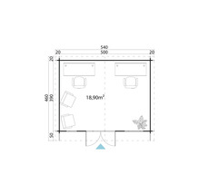 Grundriss eines Gartenhauses mit Büroeinrichtung und den Maßen 540 mal 460 Zentimeter