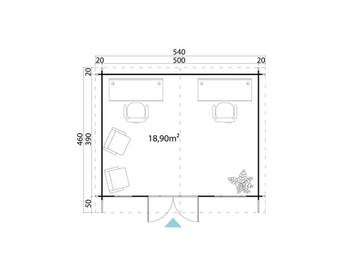 Grundriss eines Gartenhauses mit Büroeinrichtung und den Maßen 540 mal 460 Zentimeter