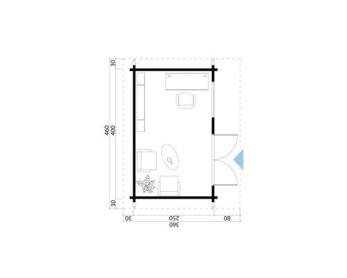 Grundriss eines Gartenhauses mit Möbeln und Bemaßungen