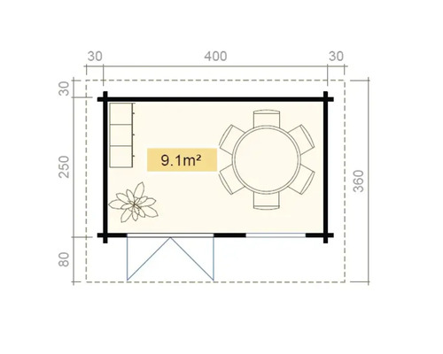 Grundrisszeichnung eines Gartenhauses mit Möbeln und Bepflanzung und Maßangaben