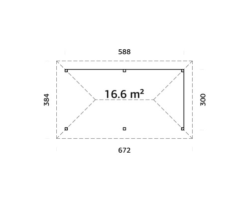 Plan avec indications de dimensions : 588, 672, 384, 300 et 16.6 mètres carrés