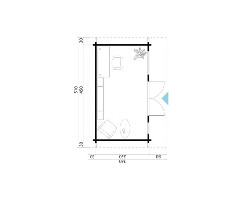 Grundriss eines Gartenhauses mit Möbeln und Bepflanzung
