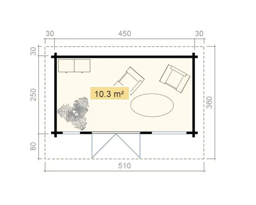 Grundrisszeichnung eines Gartenhauses mit Möbeln und den Maßen 510 mal 360 Zentimeter.