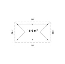 Plan avec dimensions et une surface de 16,6 mètres carrés