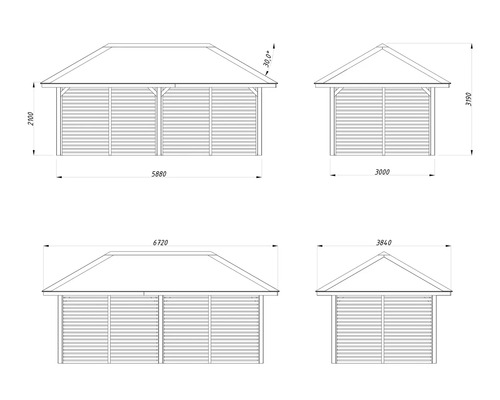 Dessin technique d''une cabane de jardin avec indications de dimensions