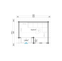 Grundrisszeichnung eines Gartenhauses mit Maßangaben.