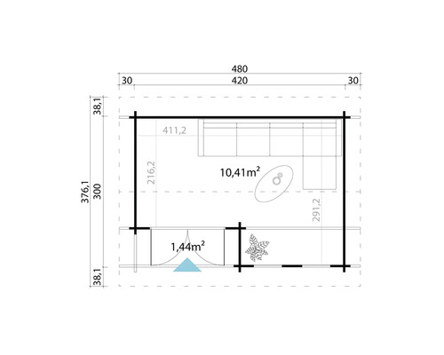 Grundrisszeichnung eines Gartenhauses mit Maßangaben.