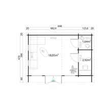 Plan d''un abri de jardin avec salon, salle de bain et WC avec dimensions