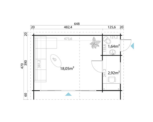 Grundriss eines Gartenhauses mit Wohnbereich und Sanitärraum mit Maßen.