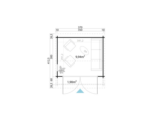 Grundrisszeichnung eines Gartenhauses mit Maßen
