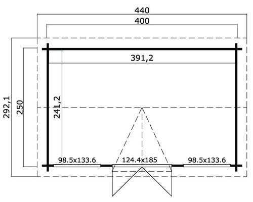 Grundrisszeichnung einer Gartenhütte mit Maßangaben.