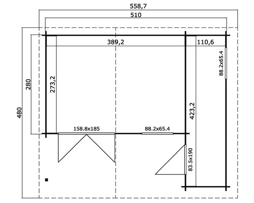 Grundrisszeichnung eines Gartenhauses mit Maßangaben