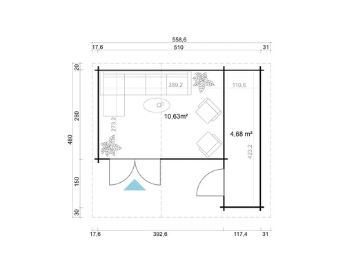 Grundriss eines Gartenhauses mit Möbeln und Abmessungen
