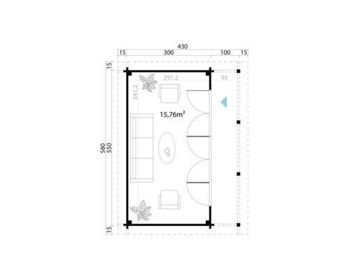 Grundriss eines Gartenhauses mit Möbeln und den Maßen 430 mal 580 Zentimeter