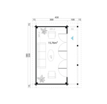 Grundriss eines Gartenhauses mit Möbeln und Massangaben