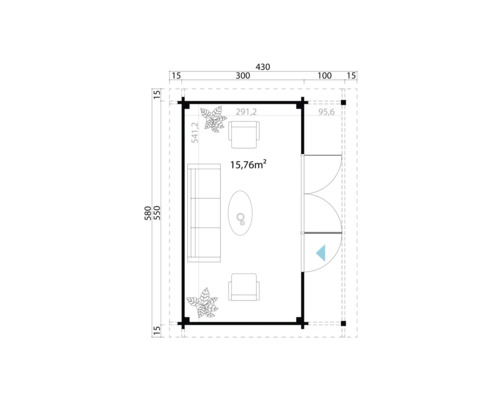 Plan avec mobilier et dimensions d'une maison de 15,76 mètres carrés