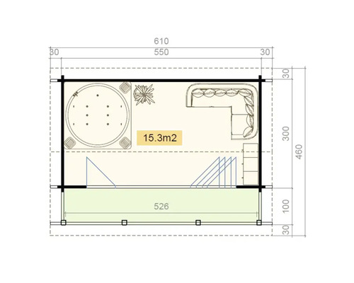 Plan d'une sauna avec jacuzzi et coin salon, dimensions indiquées