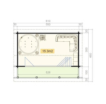 Plan d'un abri de jardin avec jacuzzi et canapé, dimensions en centimètres