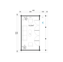 Plan d'aménagement du chalet de jardin avec mobilier et plantes, dimensions en centimètres