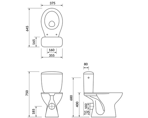 Schéma technique de toilettes avec dimensions