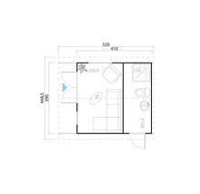 Plan d'un chalet de jardin avec salon et salle de bains avec dimensions