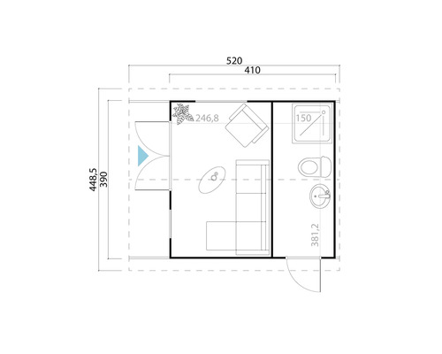 Plan d'un salon et d'une salle de bain avec meubles et installations sanitaires