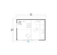 Plan d'un pavillon de jardin avec meubles et plantes, dimensions en centimètres