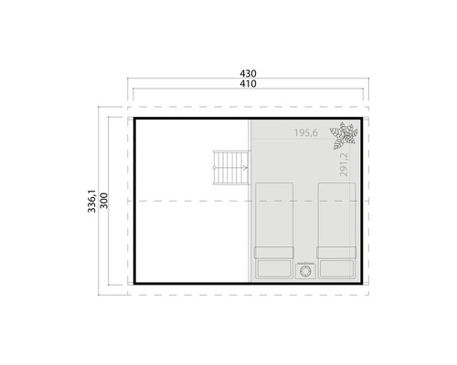 Plan d'un abri de jardin avec les dimensions indiquées.