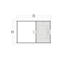Plan avec dimensions d'un bâtiment : longueur 598/578 cm, largeur 450/390 cm. Agencement spatial avec escalier et aménagement intérieur.