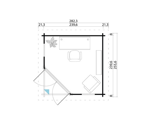 Grundriss eines Gartenhauses mit Möbeln und Maßangaben