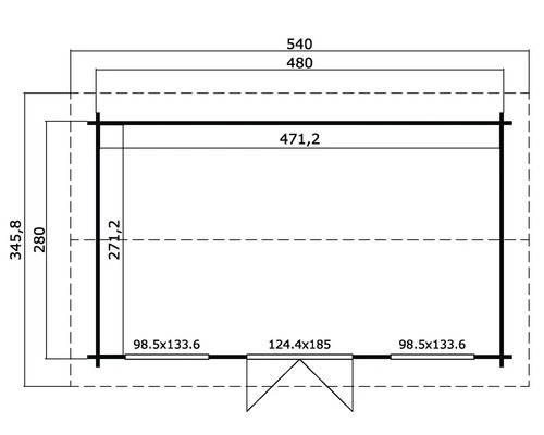 Grundrisszeichnung eines Gartenhauses mit Maßangaben