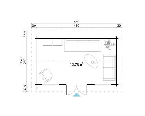 Grundrisszeichnung eines Gartenhauses mit Maßen
