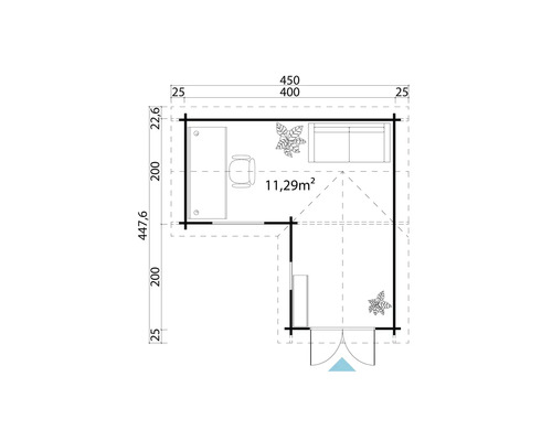 Grundriss eines Gartenhauses mit Maßen und Inneneinrichtung