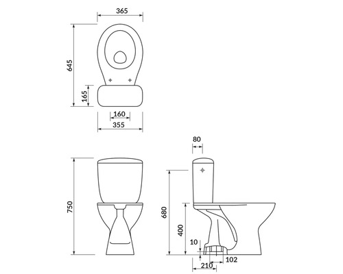 Dessin technique d''un WC au sol avec dimensions.