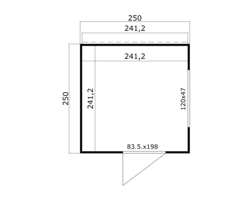 Schéma d'un abri de jardin avec des dimensions de 250 x 250 centimètres