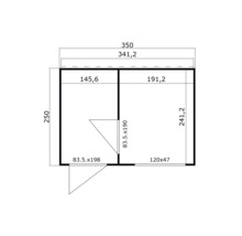 Dessin technique d'un abri de jardin avec dimensions.