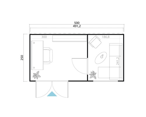 Plan d'un abri de jardin avec bureau et salon ainsi que les dimensions.