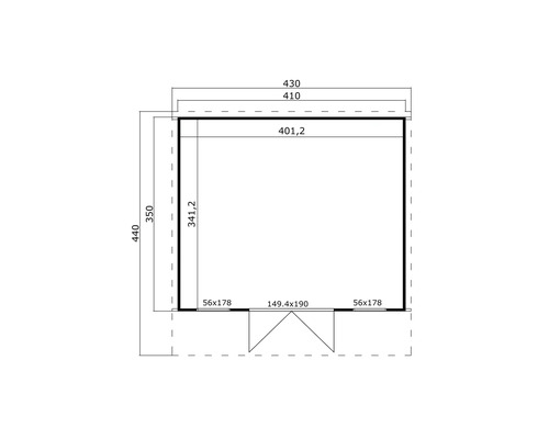 Grundrisszeichnung eines Gartenhauses mit Maßangaben