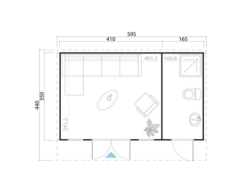 Grundriss eines Gartenhauses mit Wohnzimmer und Bad inklusive Maße