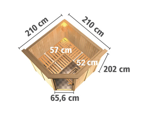Vue de dessus du sauna avec les dimensions 210 cm, 202 cm, 65,6 cm, 57 cm et 52 cm