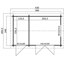 Grundrisszeichnung eines Gartenhauses mit Maßangaben.