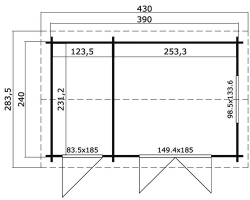 Grundrisszeichnung eines Gartenhauses mit Maßangaben.