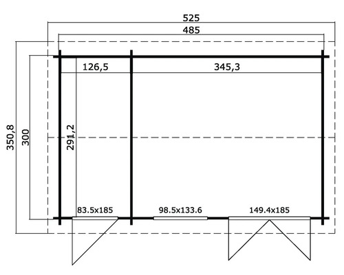 Grundrisszeichnung eines Gartenhauses mit Maßangaben