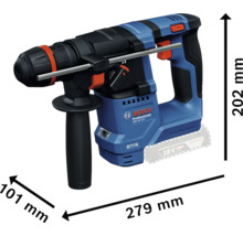 Marteau perforateur Bosch Professional avec des dimensions de 279 mm de longueur, 101 mm de largeur et 202 mm de hauteur.